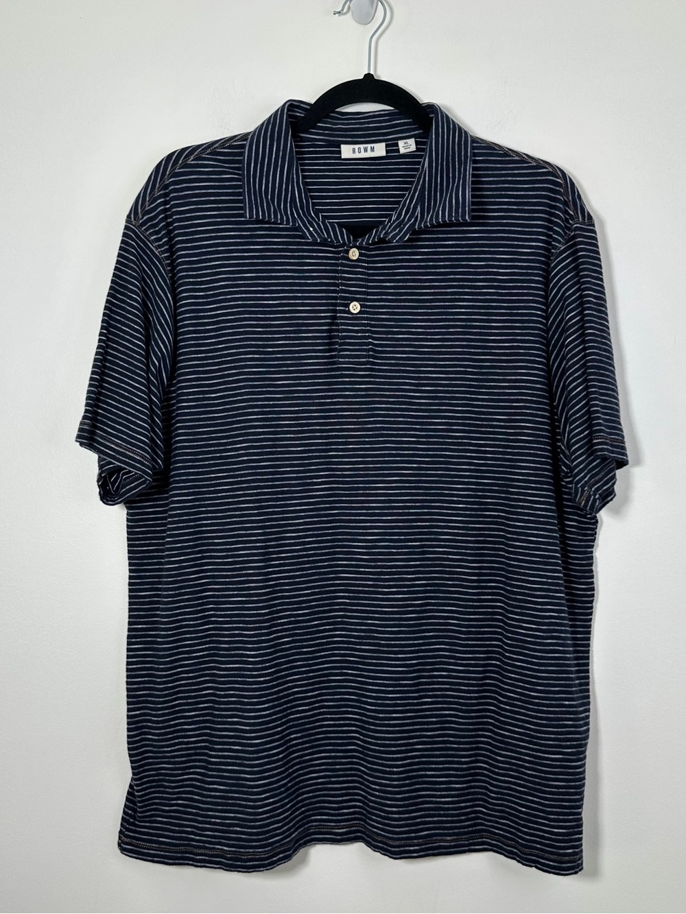 ROWN Men’s XL Navy Blue striped Short Sleeve Polo Shirt 100% Cotton